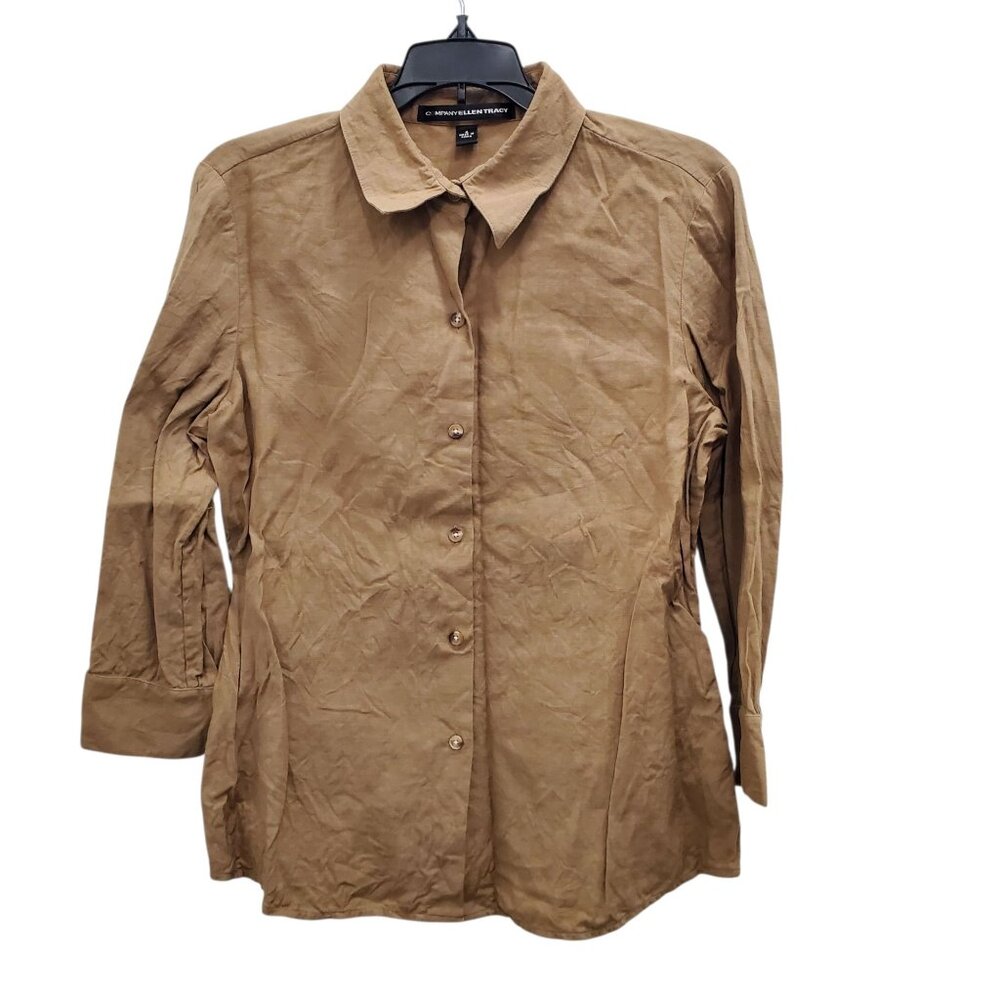 Company Ellen Tracy Women's Light Brown Linen Blend 3/4 Sleeve Button Up‎ Top 6